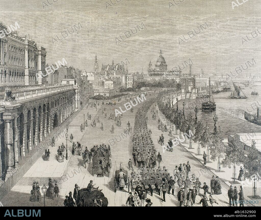 LONDRES. Nuevos muelles boulevards, sobre el río TAMESIS. INGLATERRA. Grabado de "La Ilustración Española y Americana" (1872) .