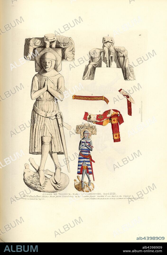 Aymer de Valence. Earl of Pembroke. Died 1323. In Westminster Abbey, Grave Mail of Aymer de Valence, 2nd Earl of Pembroke, at Westminster Abbey, signed: Drawn & Etched by C.A. Stothard Jun, Published by C.A. Stothard Jun, Fig. 57, 48, after p. 46, Stothard, Charles Alfred Jun. (drawn, etched and publ.), Charles Alfred Stothard, Alfred John Kempe: The monumental effigies of Great Britain: selected from our cathedrals and churches, for the purpose of bringing together, and preserving correct representations of the best historical illustrations extant, from the Norman conquest to the reign of Henry the Eighth: dedicated by permission to the Prince Regent. London: printed by J. M'Creery [...], 1817-1832.