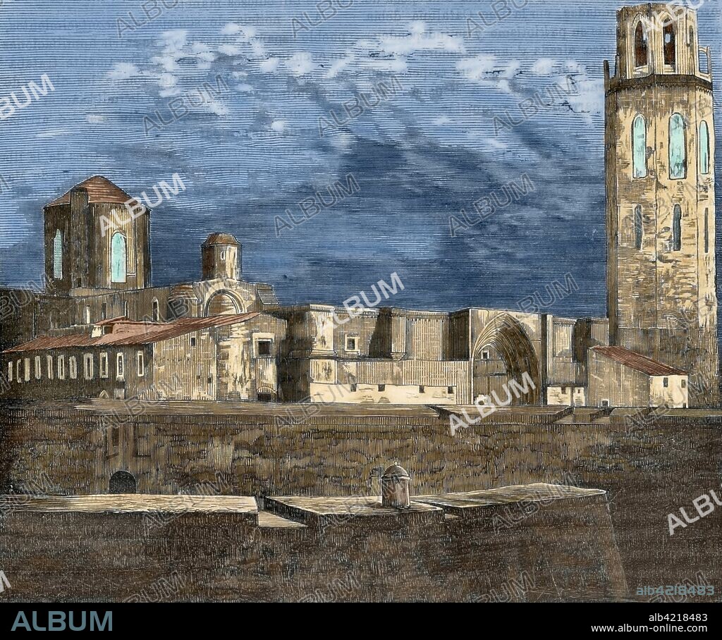 España. Cataluña. Lleida (Lérida). Vista de la Catedral de la Seu Vella, 1203-1278. Grabado coloreado. Crónica General de España, Historia Ilustrada y Descriptiva de sus Provincias. Cataluña, 1866.