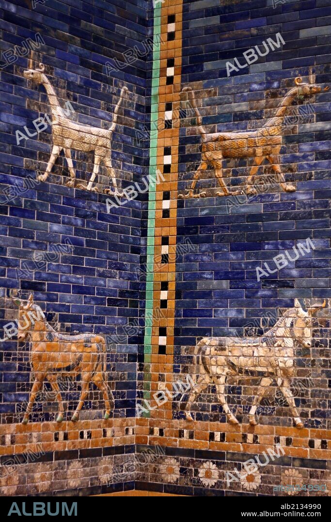 Ishtar Gates, Babylon plus details showing palms, lions and animals. (Photo by: Universal History Archive/UIG via Getty Images).