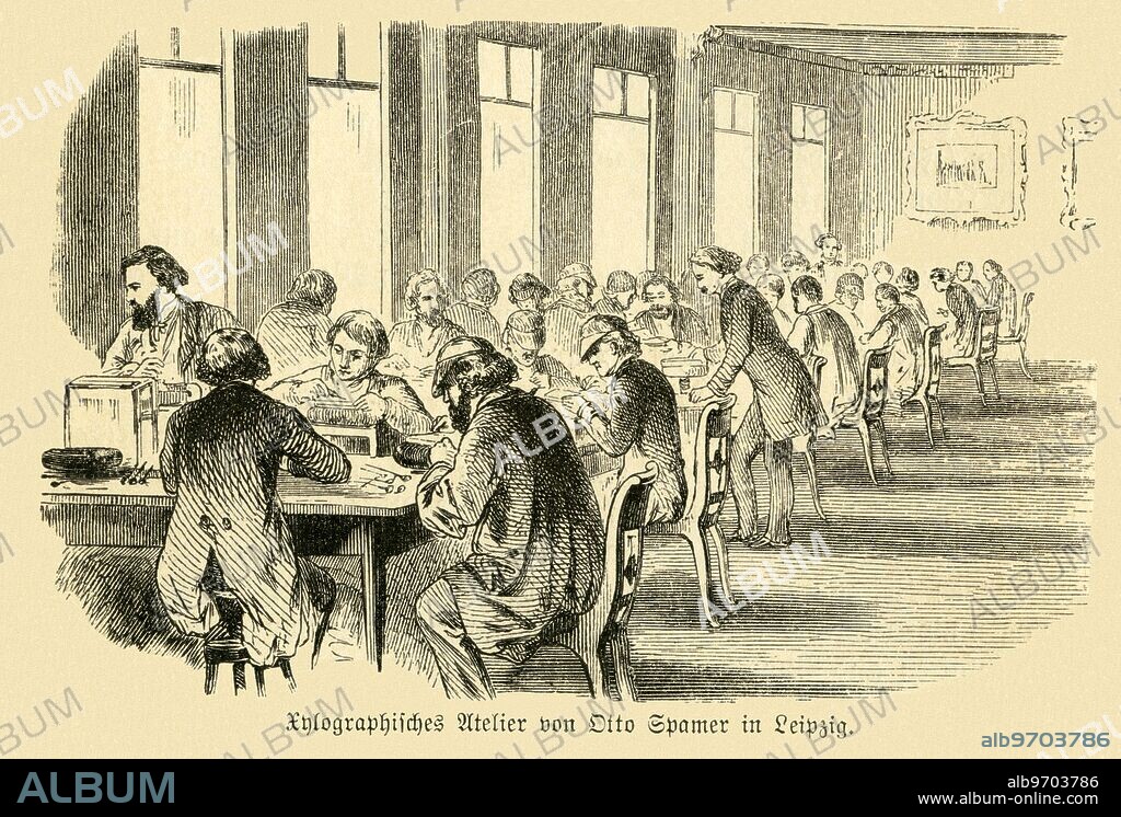 Europe, Germany, Xylographic studio of Otto Spamer in Leipzig, , image from : Die Denkwürdigsten Erfindungen bis zu Ende des XVIII. Jahrhunderts ( Important inventions up to the end of the 18th century ) , stories for the youth, by L. Luckenbacher published by Louis Thomas, revised and expanded by Richard Roth, publishing house by Otto Spamer, Leipzig and Berlin, 1882 .