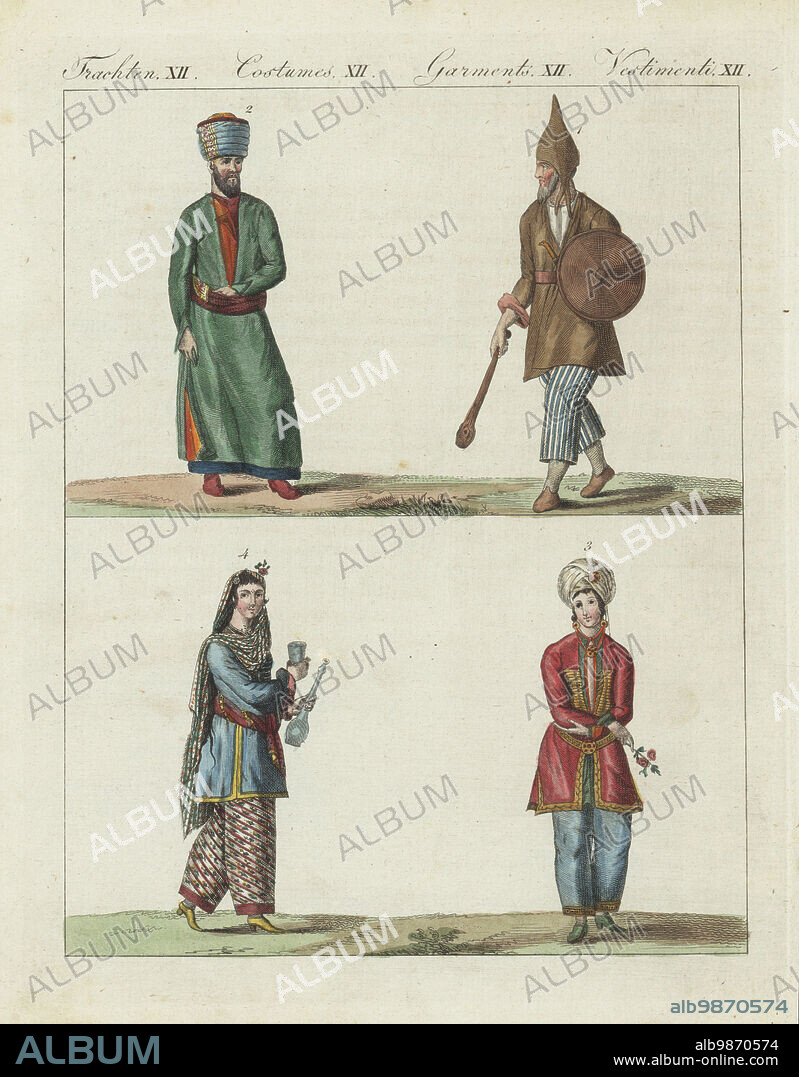 Costumes of Kurds and Persians. Mountain Kurd with cudgel and shield 1, Persian man in silk summer outfit 2, and Persian women in shawl or turban, tunic and pantaloons 3,4. Handcoloured copperplate engraving from Carl Bertuch's Bilderbuch fur Kinder (Picture Book for Children), Weimar, 1810. A 12-volume encyclopedia for children illustrated with almost 1,200 engraved plates on natural history, science, costume, mythology, etc., published from 1790-1830.