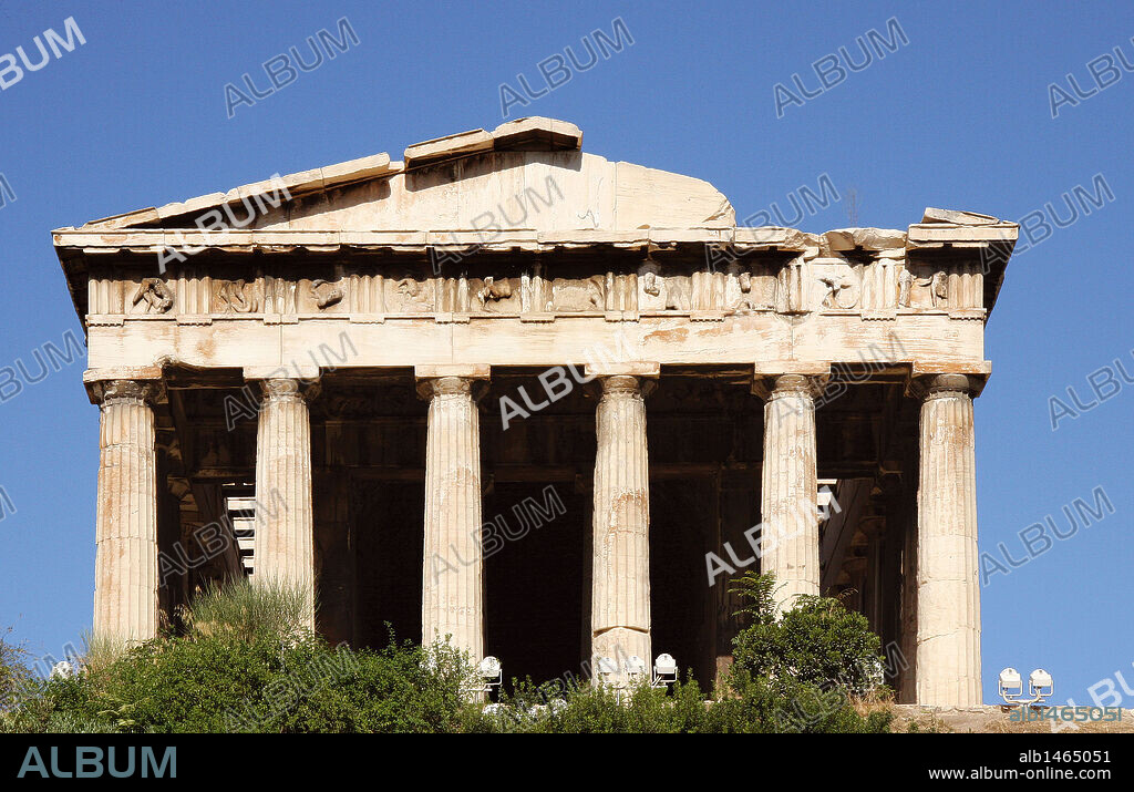 Greek Art. Temple of Hephaestus or Theseion. The doric temple, which stands at the western end of the Agora, on the hill of Agoraios Kolonos. Erected by the architect Ictinos (449-415 B.C.). Agora of Athens. Attica. Greece. Europe.