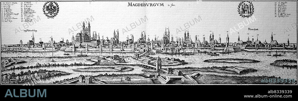 Magdeburg im Mittelalter, Sachsen-Anhalt, Deutschland / Magdeburg in the Middle Ages, Saxony-Anhalt, Germany, historical, digital improved reproduction of an original from the 18th century / digital restaurierte Reproduktion einer Originalvorlage aus dem 18. Jahrhundert, genaues Originaldatum nicht bekannt.