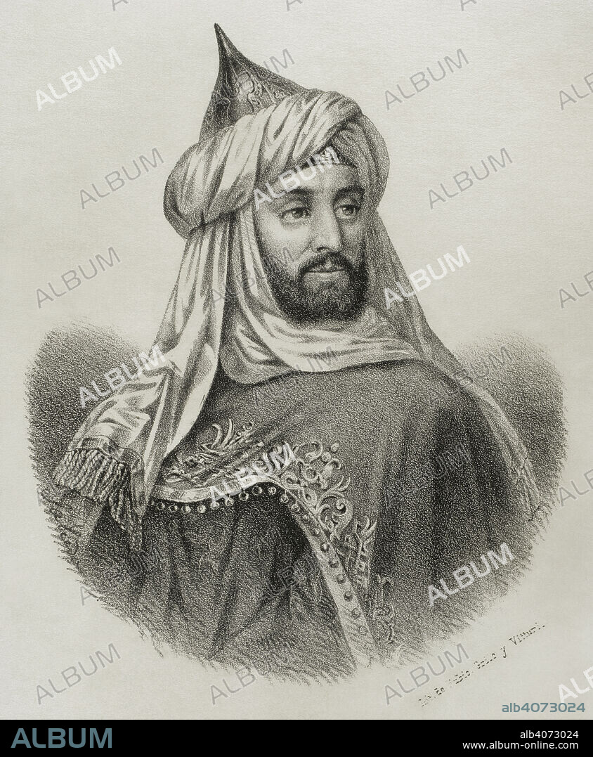 Muhammad I of Granada (1195-1273), also known as Ibn al-Ahmar. First ruler or the Emirate of Granada, the last independent Muslim state of the Iberian Peninsula (Nasrid dynsty). Portrait. Lithography. "Cronica General de España, Historia Ilustrada y Descriptiva de sus Provincias. Andalucia", 1869.