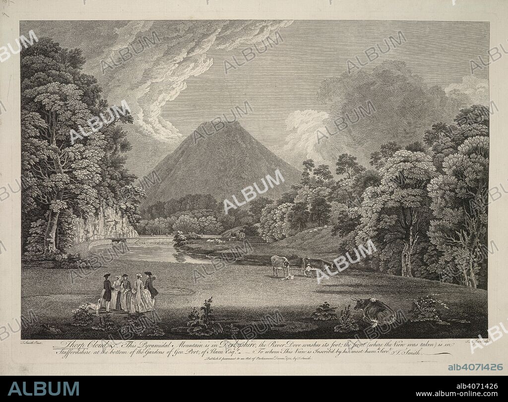 Thorp Cloud. View of T. Cloud ... by T. Smith engraved, by Maso. 1751. Thorp Cloud & c. This pyramidial mountain is in Derbyshire, the River Dove washes its foot; the front (where the view was taken) is in Staffordshire ...  Image taken from View of T. Cloud by T. Smith engraved, by Mason.  Originally published/produced in 1751. . Source: Maps.K.Top.11.52.b ,. Language: English.