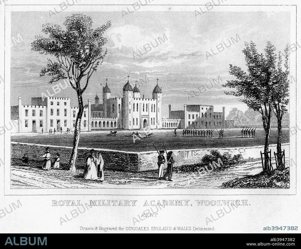 Royal Military Academy, Woolwich, London, 19th century. The Royal Military Academy at Woolwich was established in 1741 for the training of officers of the Royal Engineers and Royal Artillery. It closed in 1939. From Dugdale's England and Wales.
