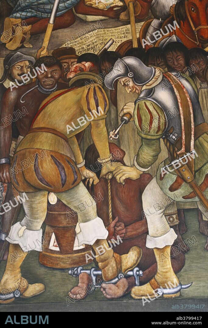 Painting by Diego Rivera of the Arrival of Hernan Cortes in 1519 depicting the facial branding of slaves.
