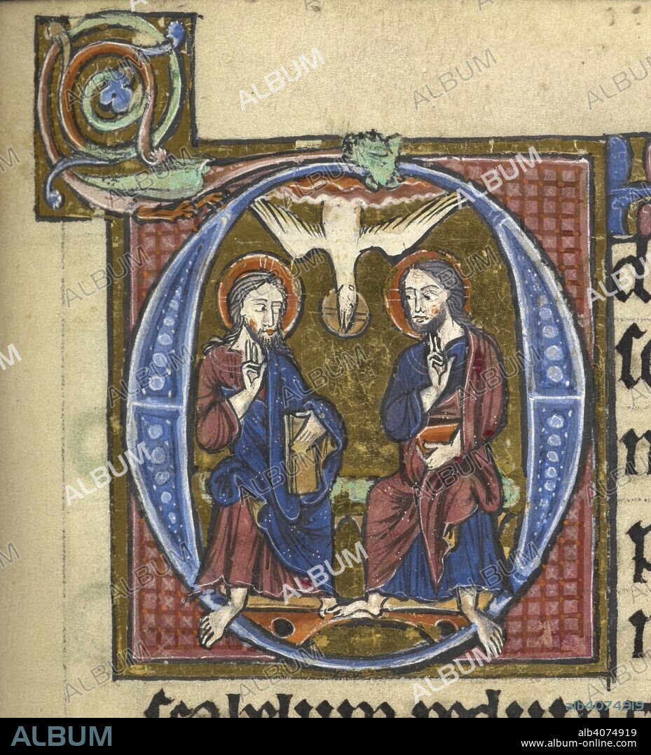 ATELIER OF THE VIENNA MORALIZED BIBLES. Detail of historiated initial of the Trinity. Psalter (the 'Suneson Psalter'), for Danish use, with calendar, prayers and litany. France, Central (Paris); 2nd or 3rd quarter of the 13th century. The text is profusely ornamented with illuminated initial letters and finials; a miniature stands at the beginning of the Psalms, and this is preceded by eight leaves containing miniatures of scenes from the Life of Christ. In the calendar have been entered obits of royal and other personages of Scandinavian origin. Source: Egerton 2652 f.169. Language: Latin.