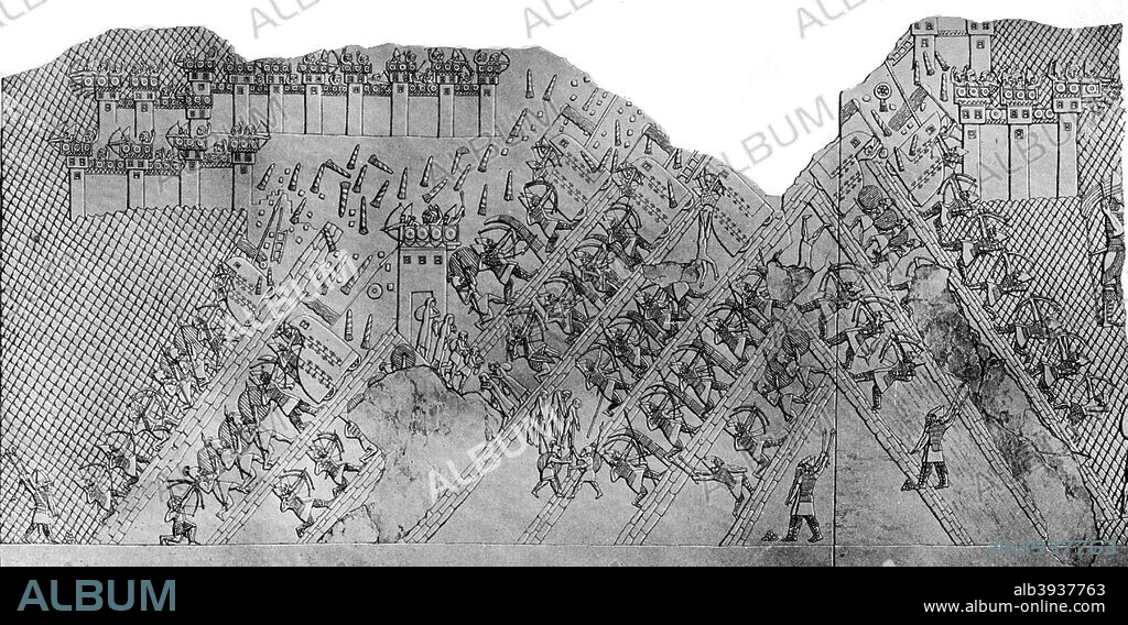 Assault on the City of Lachish, 700-692 BC, (c1900-1920). A print after a 19th-century drawing from Layard's Monuments of Nineveh, of a bas-relief in the British Museum showing the capture of the Levantine city by the Assyrian King Sennacherib in 701 BC. From Art History and Literature Illustrations, by Jessie Noakes, Virtue and Co, (London, c1900-1920).