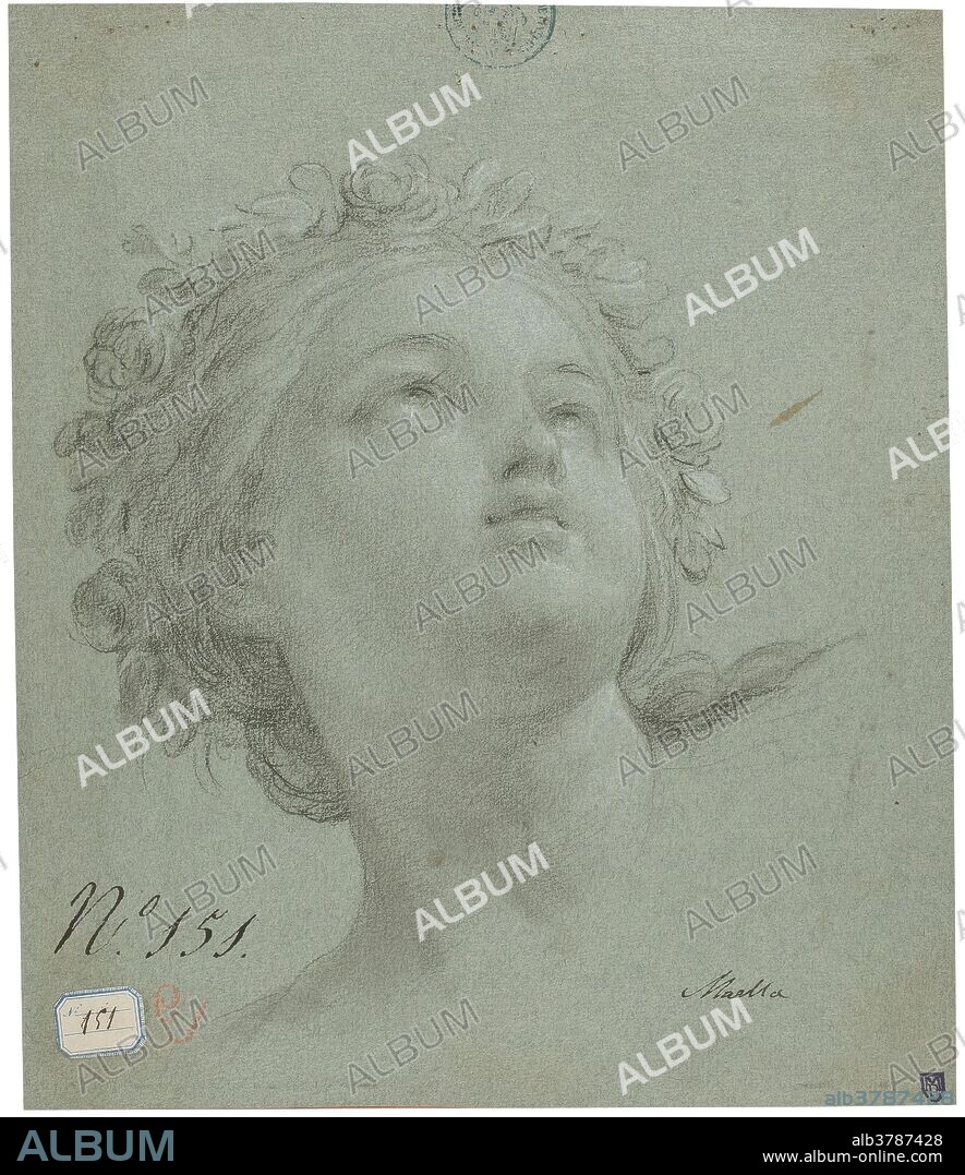 Mariano Salvador Maella / 'Cabeza femenina'. Siglo XVIII. Clarión, Lápiz negro sobre papel verjurado, 310 x 260 mm.