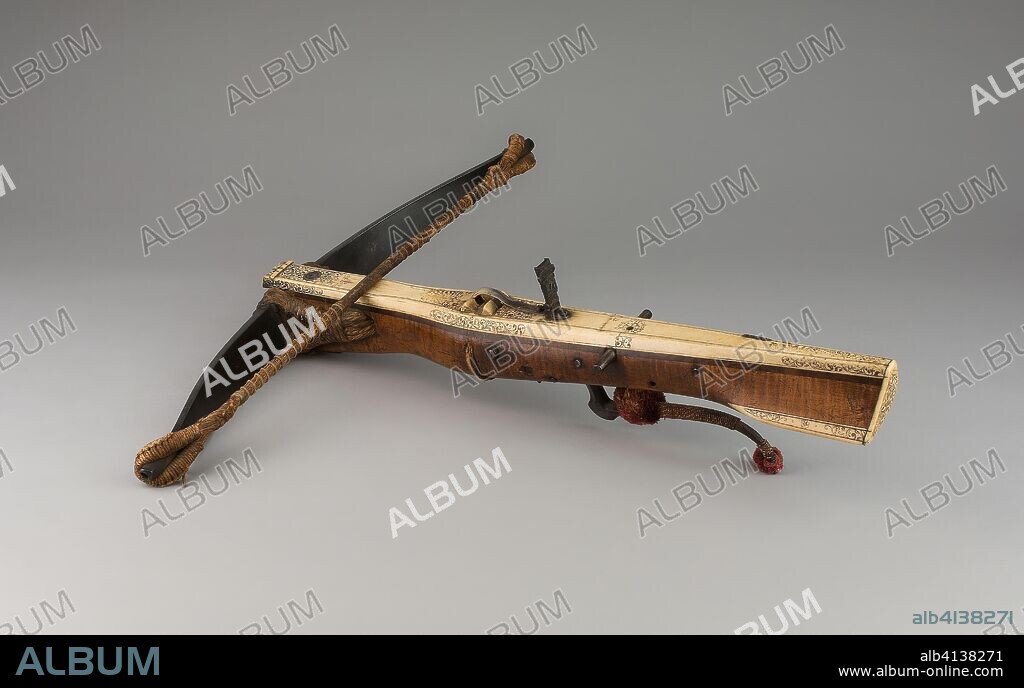 Crossbow. German. Date: 1660-1700. Dimensions: 14 x 62.2 x 58.4 cm (5 1/2 x 24 1/2 x 23 in.). Wood, steel, staghorn, cord, and silk fiber. Origin: Germany.