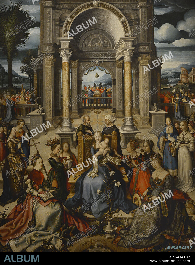 Hans Holbein the Elder (ca.1465-1524). German painter. Virgin and Child with Saints, 1519. Painting composed of a group of saints. From left to right: Agatha, Apollonia, Ursula, Margaret, Barbara, Dorothea, Catherine, Anne, Magdalene and Genevieve. In the centre, the Virgin and Child. Behind the throne of the Virgin, the figures of Anne and Saint Joachim can be seen. Oil on panel (192 x 137,5 cm). From Palacio das Necessidades (Lisbon). National Museum of Ancient Art. Lisbon, Portugal.