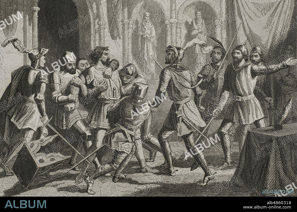Bernat o Berenguer de Rocafort (1271-1309). Militar y caudillo de los almogávares. Detención y prisión de Berenguer de Rocafort. Ilustración por Urrabieta. Grabado por A. Roca. Historia de Cataluña y de la Corona de Aragón, por Victor Balaguer. Barcelona,1862.
