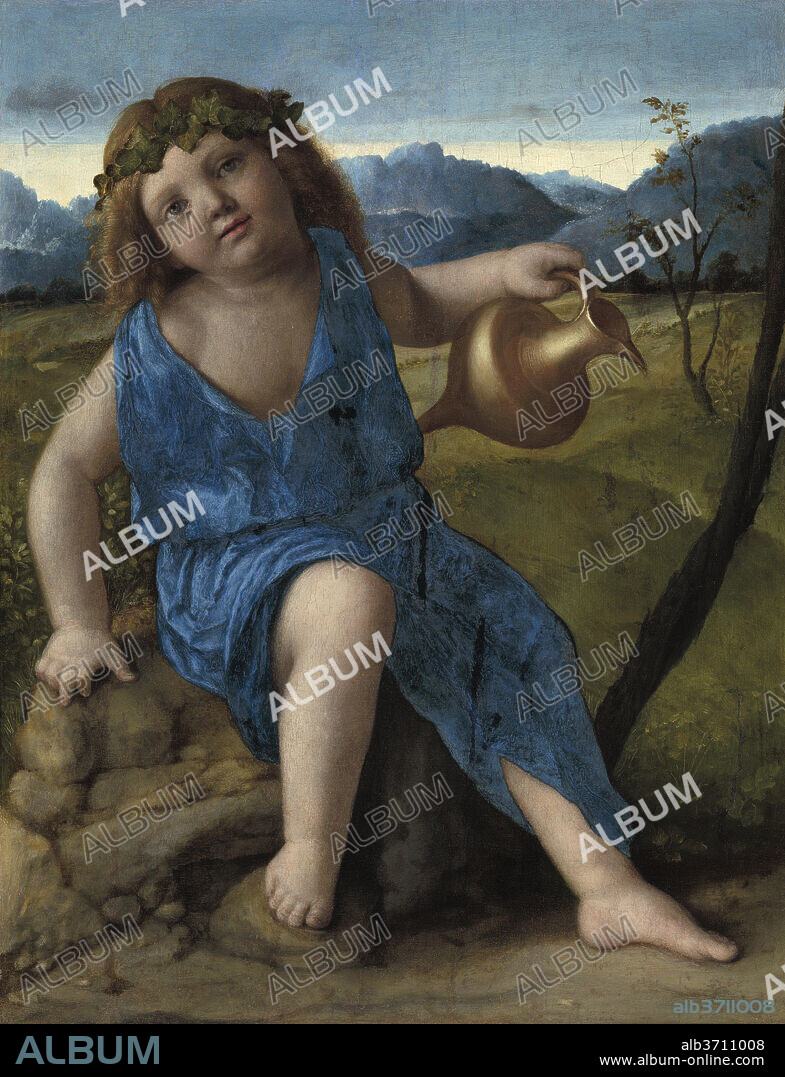 GIOVANNI BELLINI. The Infant Bacchus. Dated: probably 1505/1510. Dimensions: overall: 50.1 x 39 cm (19 11/16 x 15 3/8 in.)  framed: 72.7 x 61.3 x 8.3 cm (28 5/8 x 24 1/8 x 3 1/4 in.). Medium: oil on panel transferred to panel.