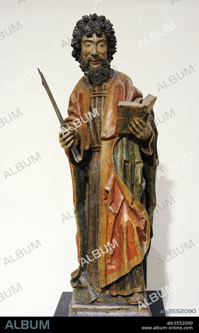 Escultura de San Bartolomé, uno de los apóstoles de Jesús. Sus atributos son un cuchillo y libro. Bajo Rin. Principios del siglo XVI. Madera de roble, policromado. Museo de Schnutgen, Colonia, Alemania.