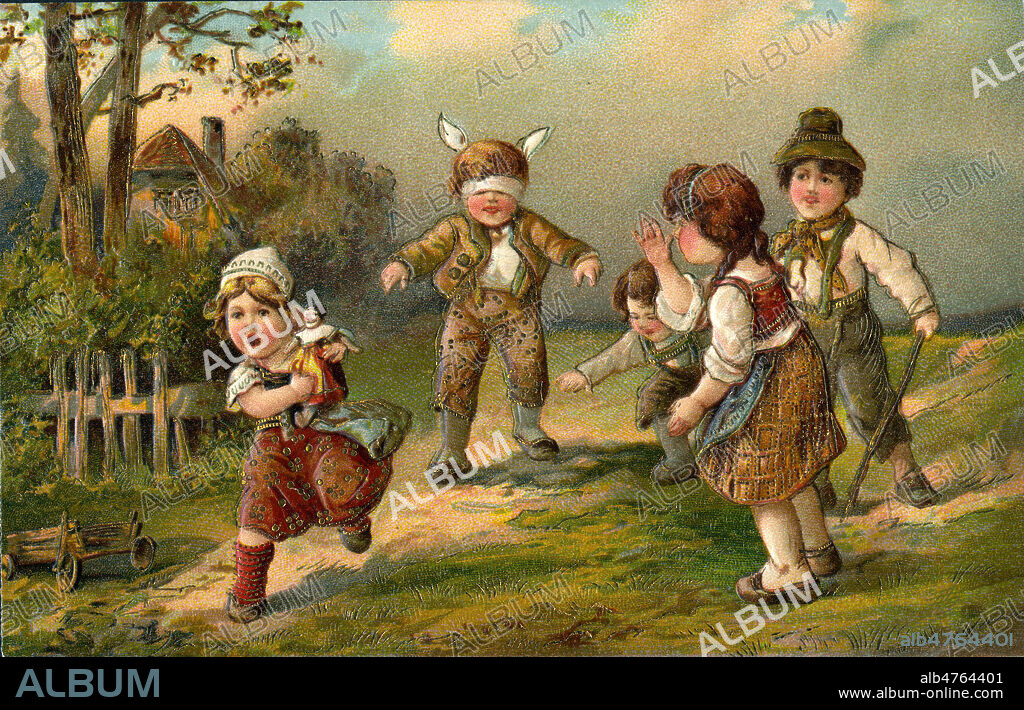 Des enfants jouent a colin-maillard. Illustration anonyme pour une carte postale de 1908. Credit : Collection IM/KHARBINE-TAPABOR.