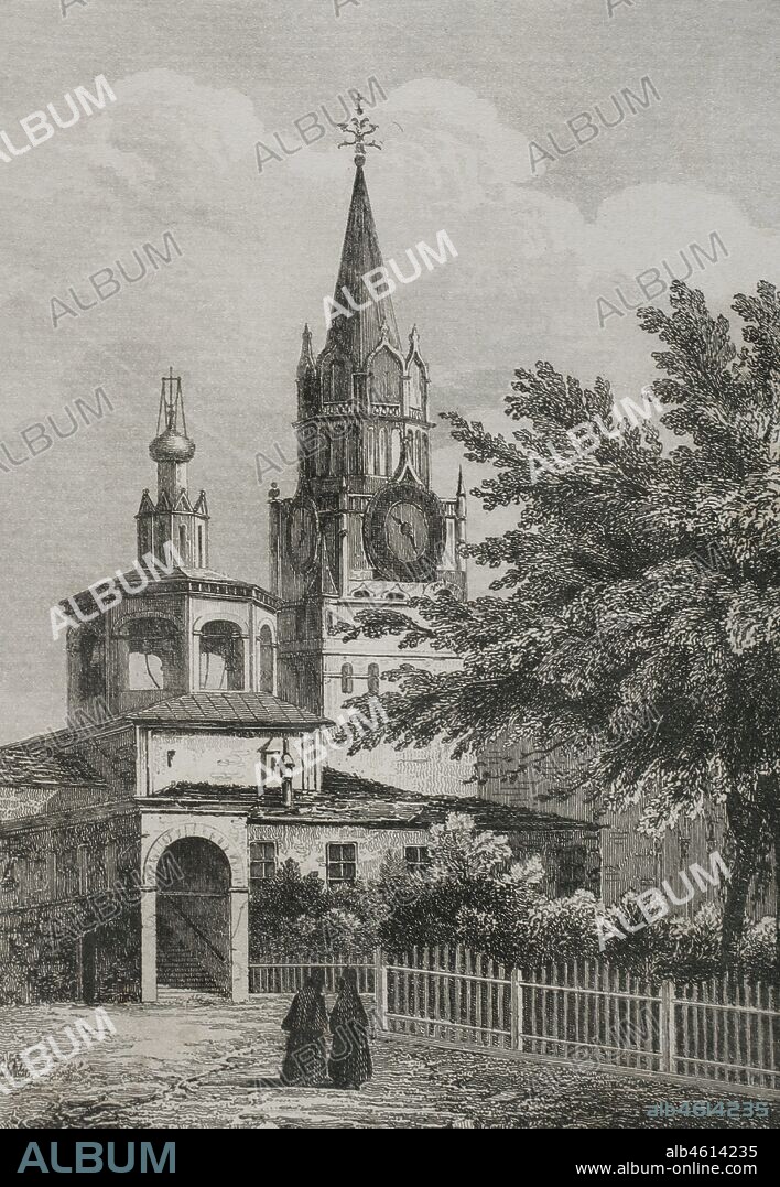 Russia. Moscow. The Ascension Convent. Founded by Grand Princess Eudokia, the wife of Grand Prince Dmitry Donskoy. It was built near the Spasskaya tower of the Moscow Kremlin. Engraving by Lemaitre and Cadolle. History of Russia by Jean Marie Chopin (1796-1870). Panorama Universal, Spanish edition, 1839.