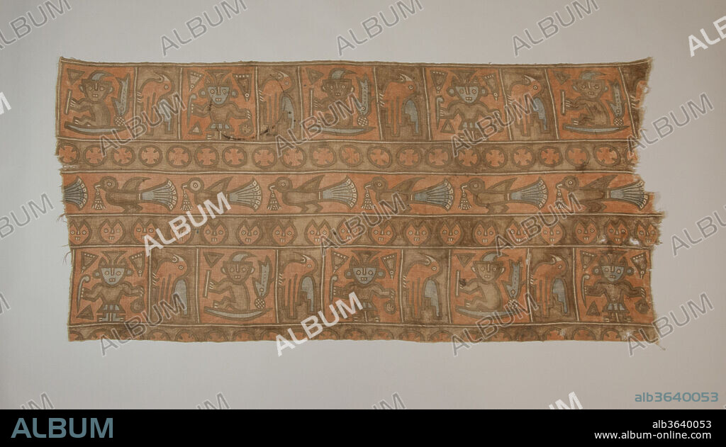 Panel. Culture: Chancay. Dimensions: H x W: 27 1/8 x 59 1/2 in. (68.9 x 151.1 cm). Date: 1100-1400.
Textiles' relatively light weight enabled them to be moved easily throughout the Andean region, resulting in much shared imagery across the central and north coasts of Peru in the period leading up to the Inca Empire. The motifs on this panel, associated with the Chancay culture, the southern neighbors of the Chimú, are closely related to the rich maritime imagery that features prominently in the architectural ornament and textile designs associated with Chan Chan.