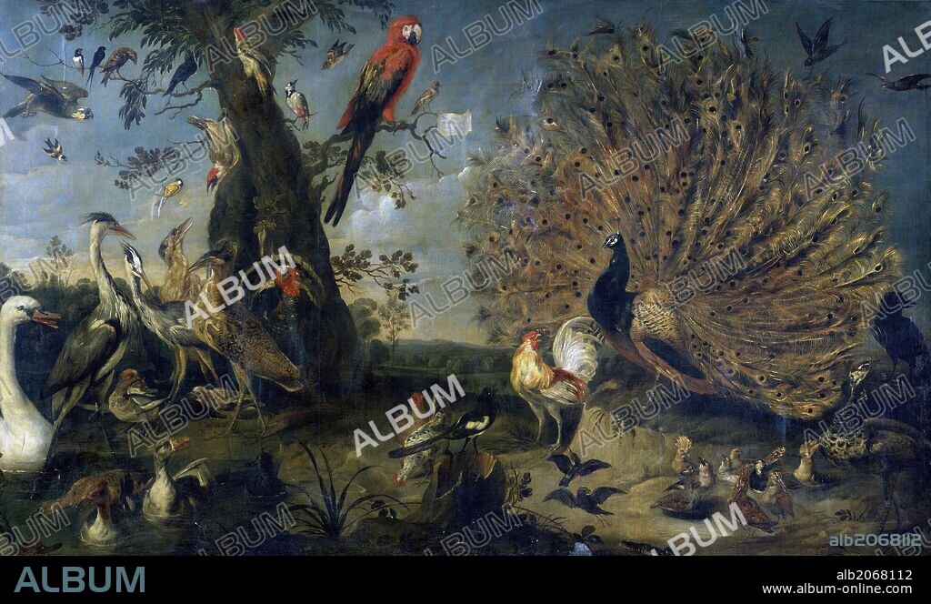 Frans Snyders / 'Concierto de aves', 1661, Escuela Flamenca, Óleo sobre Lienzo, 203 cm x 334 cm, P07160.
