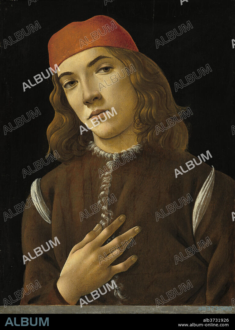 SANDRO BOTTICELLI. Portrait of a Youth. Dated: c. 1482/1485. Dimensions: overall: 43.5 x 46.2 cm (17 1/8 x 18 3/16 in.)  framed: 60.3 x 50.5 x 4.4 cm (23 3/4 x 19 7/8 x 1 3/4 in.). Medium: tempera on poplar panel.