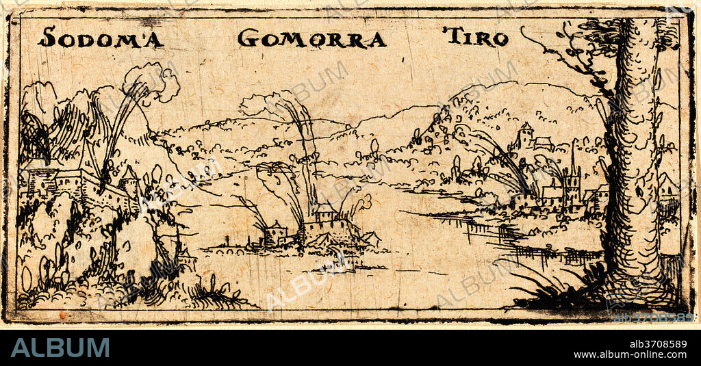 AUGUSTIN HIRSCHVOGEL. Landscape with Three Burning Cities: Sodom, Gomorrah and Tyrus. Medium: etching.