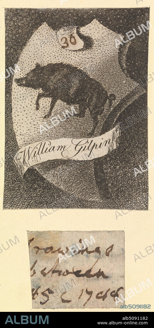The Artist's Bookplate and Pen Inscription from a Drawing Album, Rev. William Gilpin, 17241804, British, between 1745 and 1748, Etching (bookplate) with pen and brown ink (attached inscription) on thin, slightly textured, white wove paper (bookplate) and thin, moderately textured, cream laid paper (attached inscription), Sheet: 3 1/4 x 2 5/16 inches (8.3 x 5.9 cm), animal art, boar, bookplate, frontispiece (illustration).