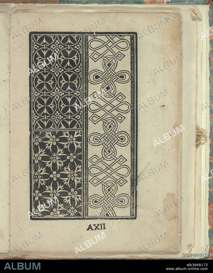Opera Nova Universali intitulata Corona di racammi, page 27 (recto). Dimensions: Overall: 8 7/8 x 6 7/8 in. (22.5 x 17.5 cm). Publisher: Giovanni Andrea Vavassore (Italian, active Venice 1530-1573) , Venice. Date: [1530].
Published by Giovanni Andrea (called "Guadagnino") Vavassore, Italian, active 16th century, Venice.
From top to bottom, and left to right:
design composed of 2 vertical columns: left is divided into 2 halves: one with circles and flowers and other with various flowers and leaves, and right with interlace pattern.