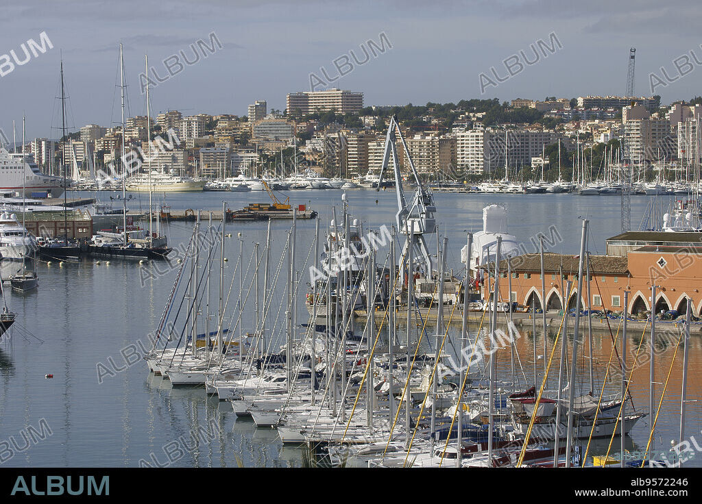 Puerto de Palma desde la terraza de la Lonja.La Llotja , siglo XV.Palma.Mallorca.Islas Baleares. España.