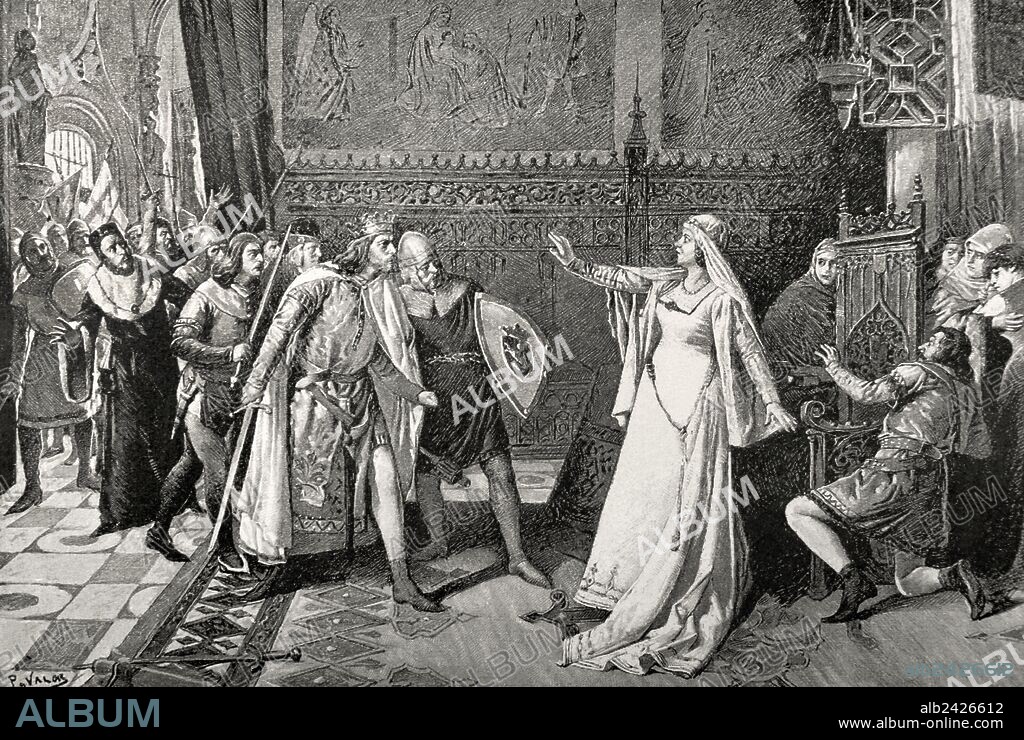 MARIA DE MOLINA (h.1265-Valladolid, 1321). Reina de Castilla (1284-95) y León. Se casó con Sancho IV de Castilla. Regente de su hijo Fernando IV y de su nieto Alfonso IX. Tuvo que enfrentarse al descontento de la nobleza y a los problemas exteriores con Aragón, Portugal y los musulmanes. Maria de Molina, defendiéndo al infante D. Juan. Grabado.