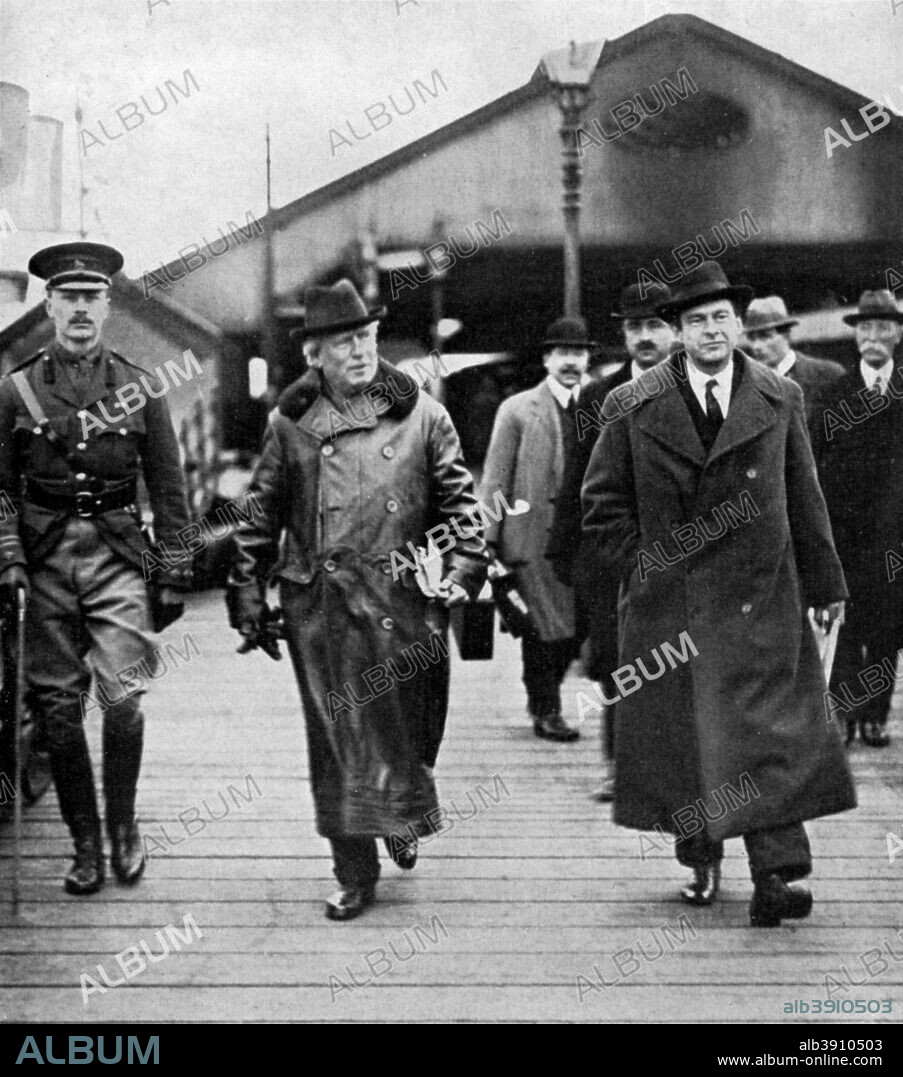 British Prime Minister Herbert Asquith visiting Ireland, 1914 (1951). Asquith visiting Ireland during the trouble over Irish Home Rule. He had brought in the Irish Home Rule Bill in 1912, but vociferous opposition to the bill from Protestants in the six counties of Ulster brought Ireland to the brink of civil war. A print from 100 Years in Pictures, A panorama of History in the Making, text by DC Somervell, Odhams press Limited, London, 1951.