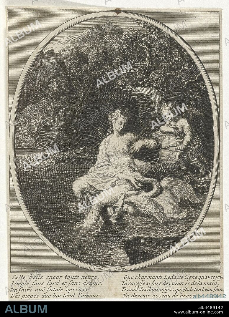 Leda and the swan, Jupiter seduces Leda in the form of a swan on the banks of a stream. Amor stands behind Leda with a bow in his hand. This oval representation is provided with an eight-line text in French in the margin., Jupiter, in the shape of a swan, and Leda, Jacob Folkema (mentioned on object), 1702 - 1767, paper, etching, h 137 mm × w 102 mm.