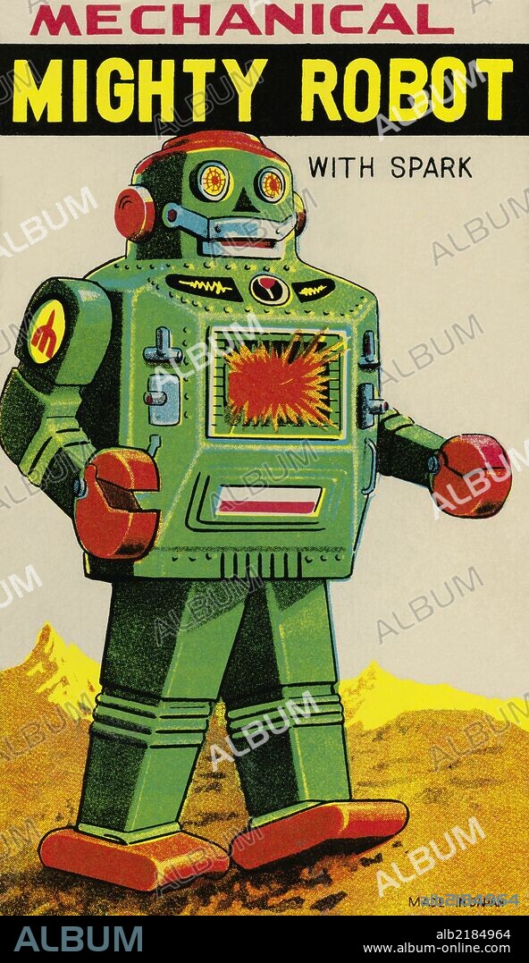 The 1950's was a time of wonder and the universe was the focus of many young imaginations.  Hollywood adopted science fiction and the toy industry followed closely.  The Japanese manufactured toy robots for the children of America and designed great boxes to hold these vintage tin toys.  This illustration art comes directly from these boxes.