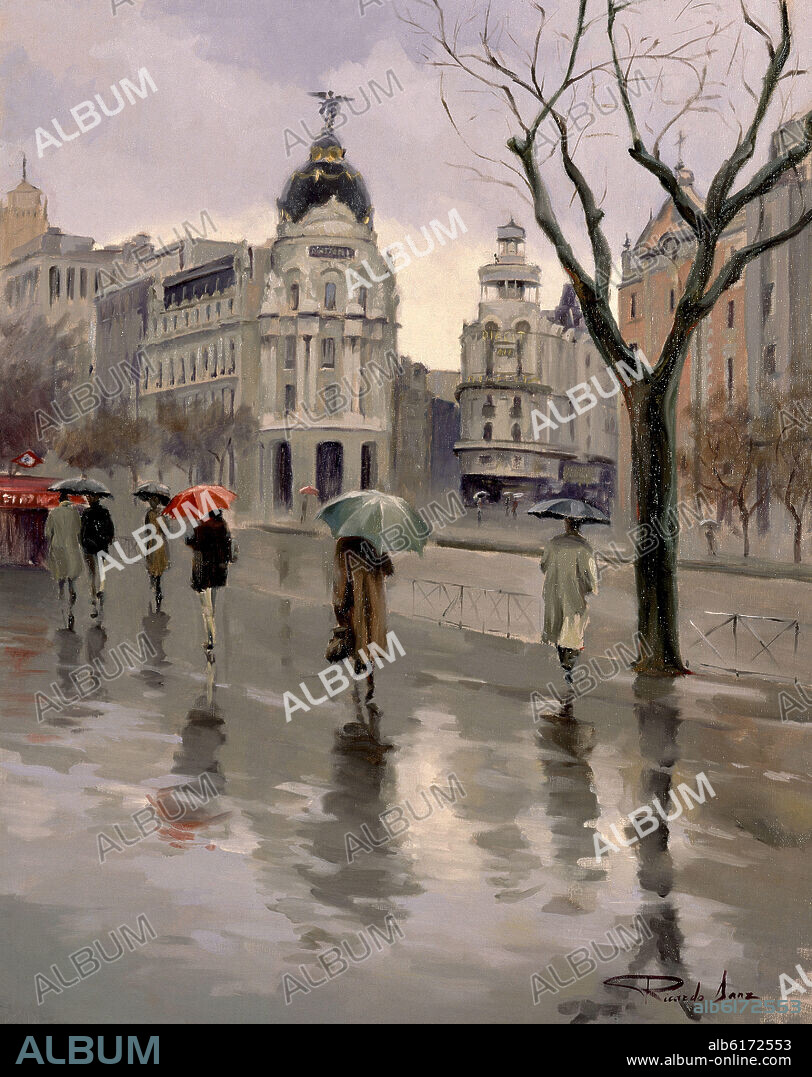 RICARDO SANZ 1957/. DIA DE LLUVIA  EN MADRID - CALLE ALCALA CON GRAN VIA-EDIFICIO METROPOLIS.
