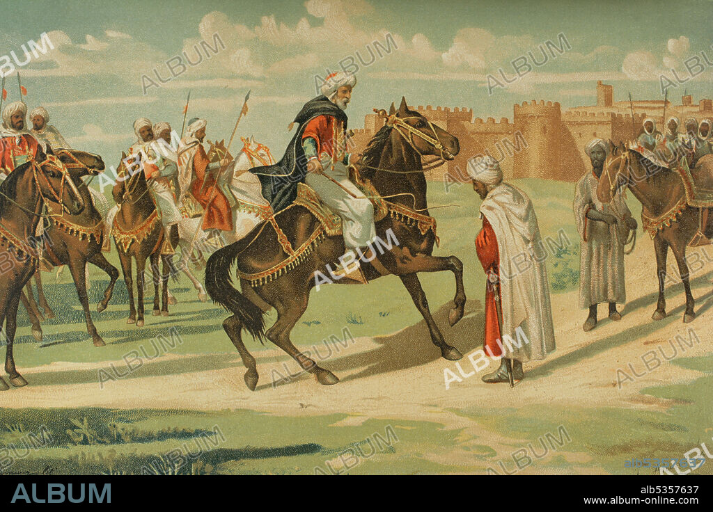 JUAN ALAMINOS. SPANISH ARTIST OF THE SECOND HALF OF THE 19TH CENTURY.. Siglo VIII. Conquista de la Hispania visigoda por los musulmanes. Musa Ibn Nusair (h.640-m.716) azota con un látigo el rostro de Tarik ben Yihab por desobedecer sus órdenes en Talabaira (Madinat al-Talabayra, actualmente Talavera de la Reina). Ilustración por J. Alaminos. Cromolitografía. Historia General de España, por Miguel Morayta. Tomo I. Madrid, 1888.