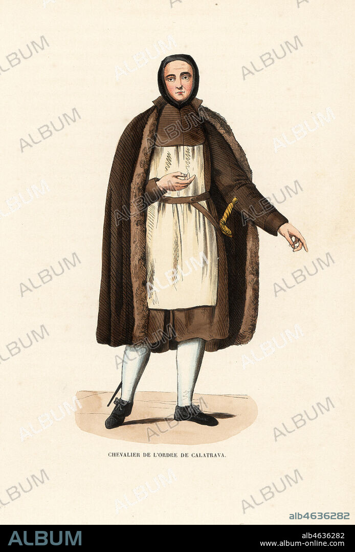 Knight of the Order of Calatrava, a Spanish military order, Chevalier de lOrdre de Calatrava. Handcoloured woodblock engraving after an illustration by Jacques Charles Bar from Abbot Tirons Histoire et Costumes des Ordres Religieux, Librairie Historique-Artistique, Brussels, 1845.