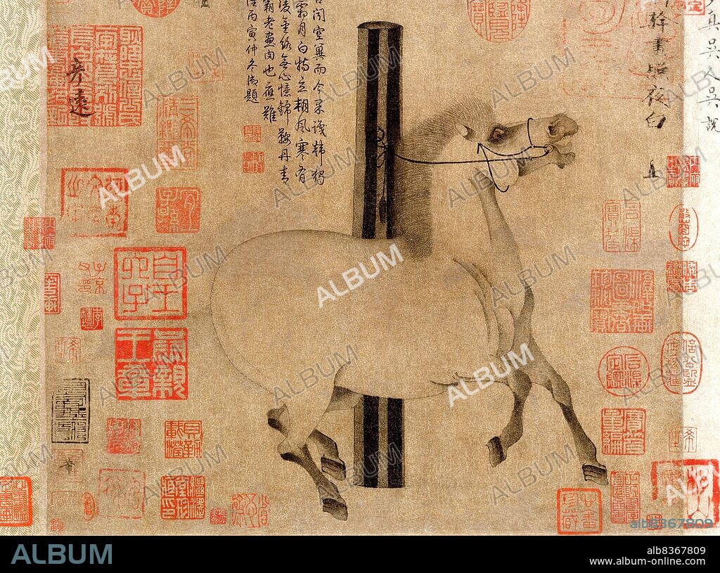 China: 'Night-Shining White'. Zhao Ye Bai, a favourite horse of Emperor Xuanzong (712-56). Handscroll painting by Han Gan (706-783), c. 750 CE.<br/><br/>. Emperor Xuanzong of Tang (8 September 685-3 May 762), also commonly known as Emperor Ming of Tang (Tang Minghuang), personal name Li Longji, known as Wu Longji, was the seventh emperor of the Tang dynasty in China, reigning from 712 to 756. His reign of 43 years was the longest during the Tang Dynasty. In the early half of his reign he was a diligent and astute ruler, ably assisted by capable chancellors like Yao Chong and Song Jing.