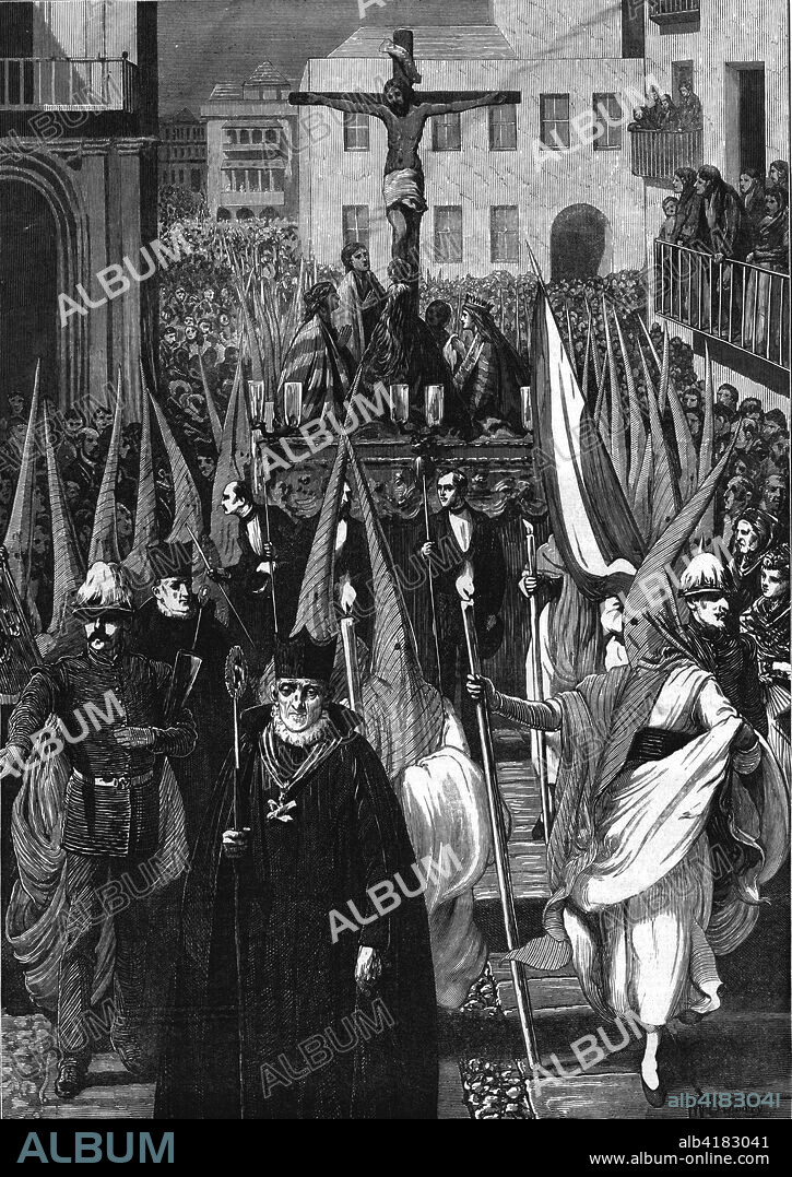'Sketches in Spain - Religious Procession in Seville during the Holy Week', 1878. Penitents wearing hoods carry religious statues through the streets. From the Illustrated London News,  3 May 1878.