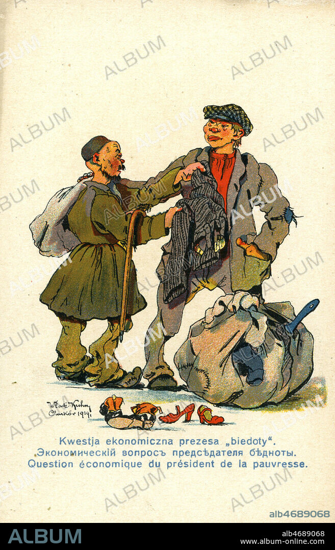 'Question economique du president de la pauvresse'. un bolchevik propose des vetements de bourgeois spolies a un camarade. Caricature antibolchevique. Carte postale russe de 1919, illustration par Wlodzimierz Kuhn. Credit : IM/KHARBINE-TAPABOR.