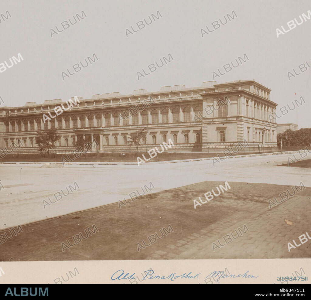 Alte Pinakothek, Munich, Germany, View from the front left of the Alte Pinakothek, built by architect Leo von Klenze between 1826-1836 on behalf of Louis I who wanted to show his art collection to the public there, as well as in the Neue Pinakothek opposite. Severely damaged in World War II, it was rebuilt between 1952-1957 by architect Hans Döllgast., anonymous, c. 1880 - c. 1910, photographic support, cardboard, height 200 mm, width 255 mmheight 510 mm, width 330 mm.