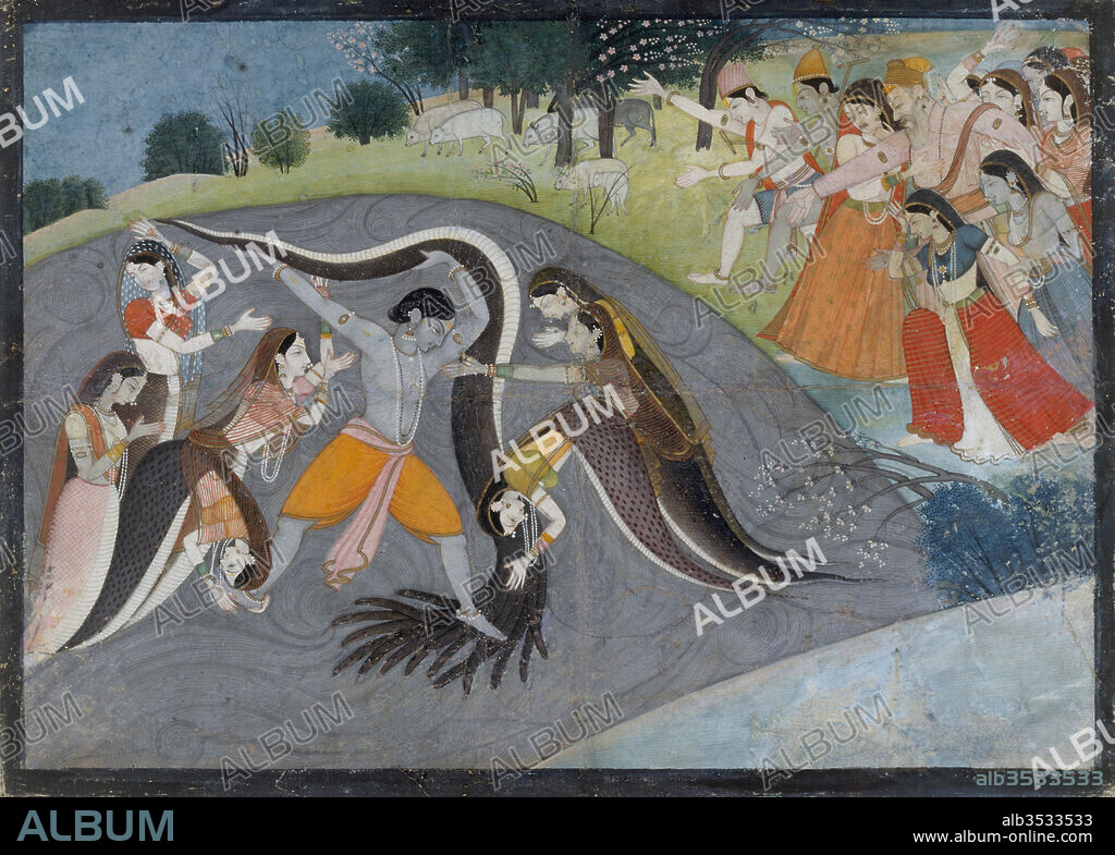 Krishna Subduing Kaliya, the Snake Demon: Folio from a Bhagavata Purana Series, ca. 1785, Northern India, Garwhal, Himachal Pradesh, Opaque watercolor and ink on paper, 8 x 10 1/2 in. (20.3 x 26.7 cm), Paintings, First generation after Manaku and Nainsukh, In this celebrated scene vividly described in the Bhagavata Purana, Krishna battles Kaliya, a hundred-headed serpent (naga) who was poisoning the river Yamuna. At first, Krishna was ensnared in the demon’s mighty coils, but he sprang free by summoning the power of the universe and trapping the snake beneath his foot.