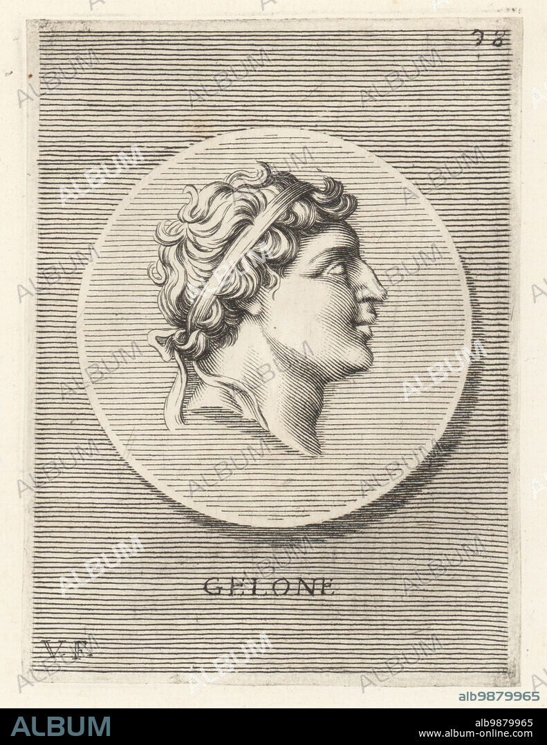 Gelon, also known as Gelo, Greek tyrant of the Sicilian cities Gela and Syracuse, died 478 BC. The first of the Deinomenid rulers, son of Deinomenes and brother of Hiero I. Head of a man wearing a royal diadem from a bronze medal. Gelone. Copperplate engraving by Guillaume Vallet after Giovanni Angelo Canini from Iconografia, cioe disegni d'imagini de famosissimi monarchi, regi, filososi, poeti ed oratori dell' Antichita, Drawings of images of famous monarchs, kings, philosophers, poets and orators of Antiquity, Ignatio deLazari, Rome, 1699.