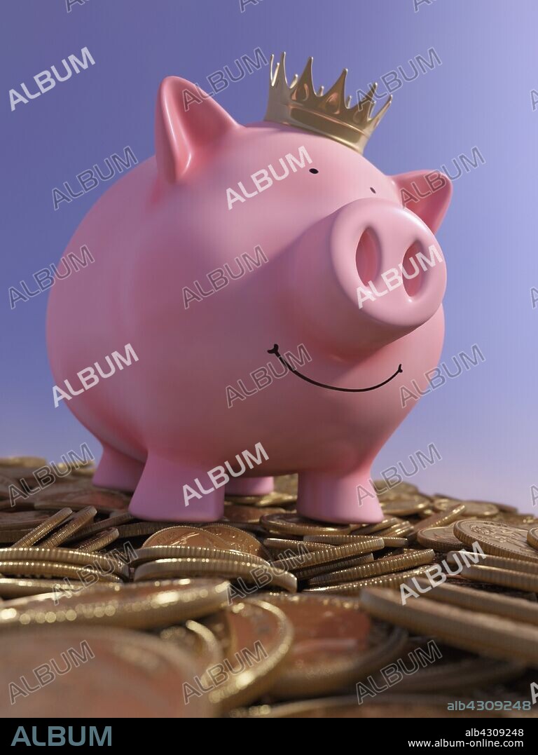 Happy piggy bank standing on top of heap of gold coins.