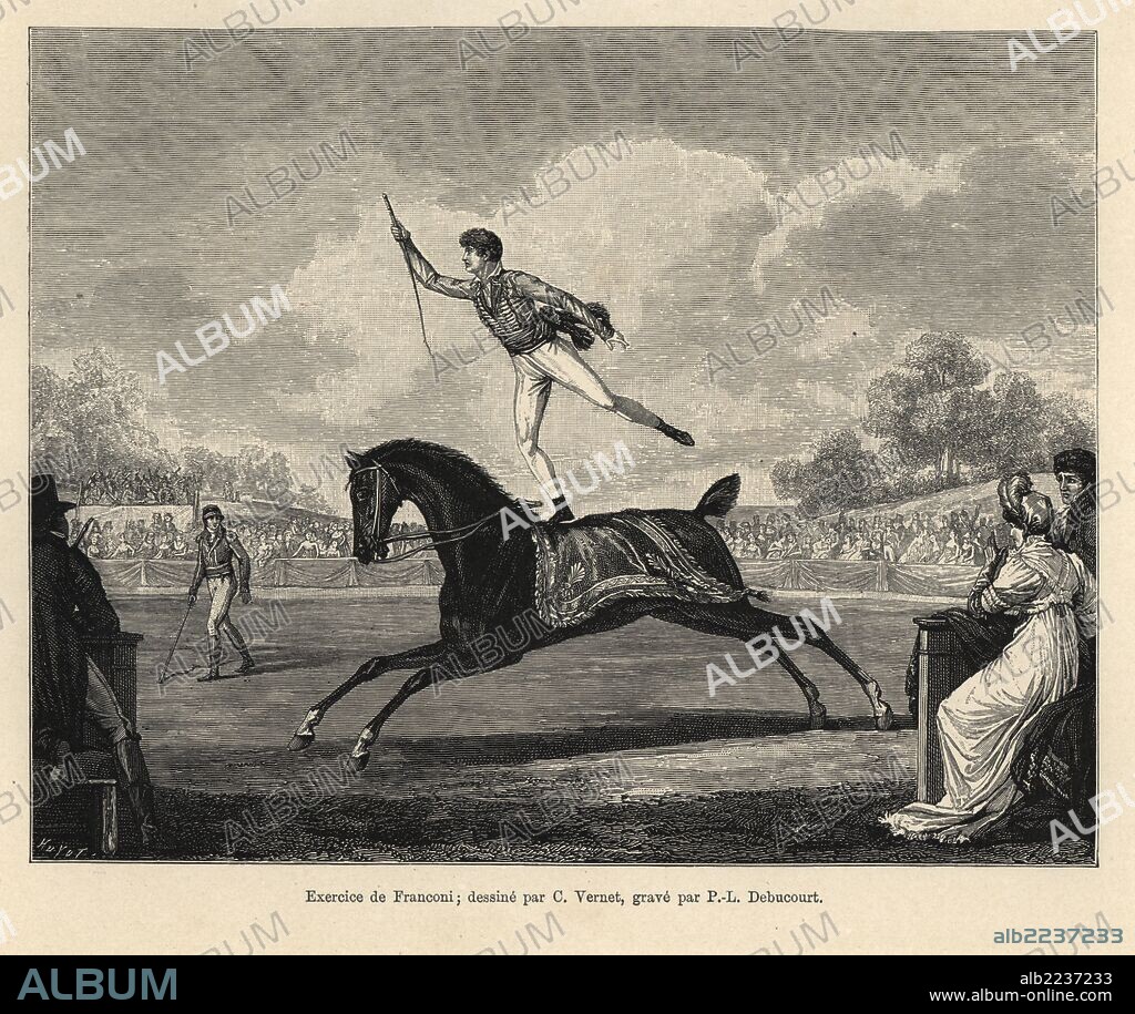 The equestrian acrobat Antonio Franconi standing on a galloping horse, Cirque Olympique in Paris, circa 1800. Drawn by Carle Vernet, woodcut by Huyot from Paul Lacroix's "Directoire, Consulat et Empire," Paris, 1884.