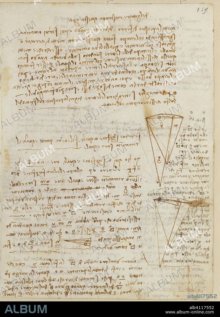 LEONARDO DA VINCI. Folio f 119r. Codex Madrid II (Mss. 8936) "Tratado de fortificación, estática y geometría". 158 folios (316 págs.); formato interior: 210 x 145 mm. MENCIÓN DE MATERIALES. PERSPECTIVA, ÓPTICA, PINTURA, DIBUJO. MATEMÁTICAS.