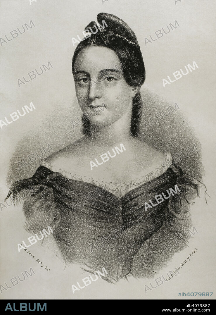 Mariana Pineda (1804-1831). Heroína española, símbolo liberal de la lucha contra el poder absolutista del rey Fernando VII. Retrato. Dibujo por A. de Salas. Litografía. Crónica General de España, Historia Ilustrada y Descriptiva de sus Provincias. Andalucía, 1869.