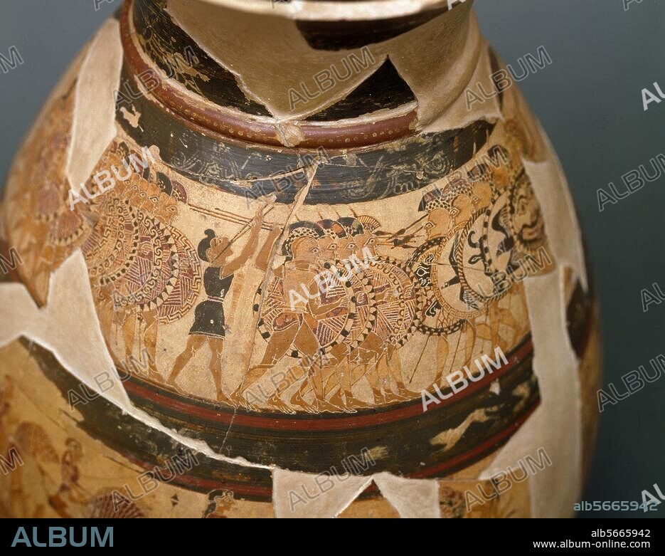 Greek vase painting, Protocorinthian, end of 7th cent. BC. Groups of hoplites in the phalanx attacking each other; group on the left yet to begin fighting. Detail from the shoulder frieze. Olpe (so-called Chigi Vase). Found on the family estate of the Chigi family near Veii. Height 26cm. Rome, Museo Nazionale di Villa Giulia.