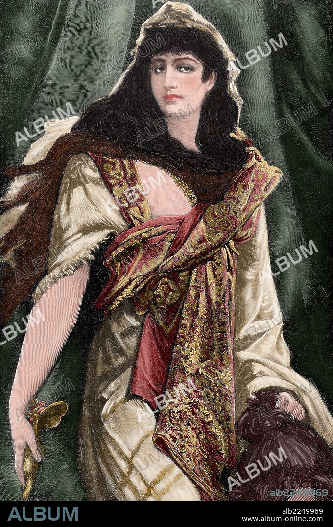 ANTIGUO TESTAMENTO. "JUDITH CON LA CABEZA DE HOLOFERNES", 1530. Judith la israelita viuda del rey de Betolia, seduce al general asirio Holofernes y lo decapita mientras duerme. Grabado de "La Ilustración Ibérica", año 1888. Coloreado.