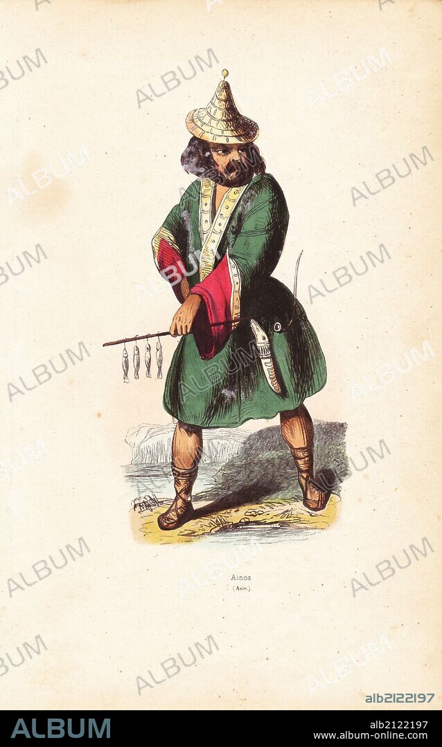 Ainu man, north Japan, wearing hat and decorated robe with laced shoes, fishing with a rod. A knife and tobacco pipe hang from his belt. Handcoloured woodcut by F. Pannemaker from Auguste Wahlen's "Moeurs, Usages et Costumes de tous les Peuples du Monde," Librairie Historique-Artistique, Brussels, 1845. Wahlen was the pseudonym of Jean-Francois-Nicolas Loumyer (1801-1875), a writer and archivist with the Heraldic Department of Belgium.
