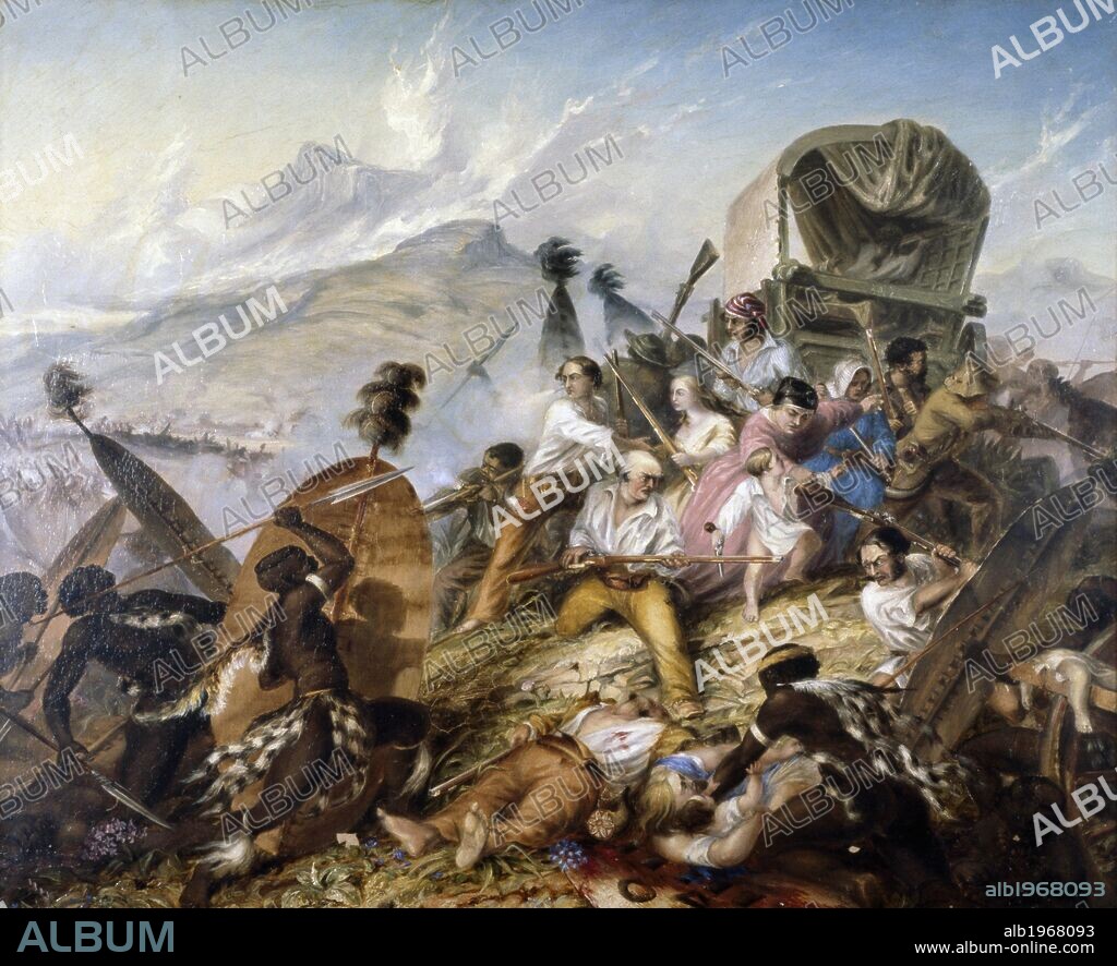 The Zulu natives attacking a Boer caravan at Blauwkrantz, February 6, 1838, by Thomas Baines (1820-1875), oil on canvas. South Africa, 19th century.
